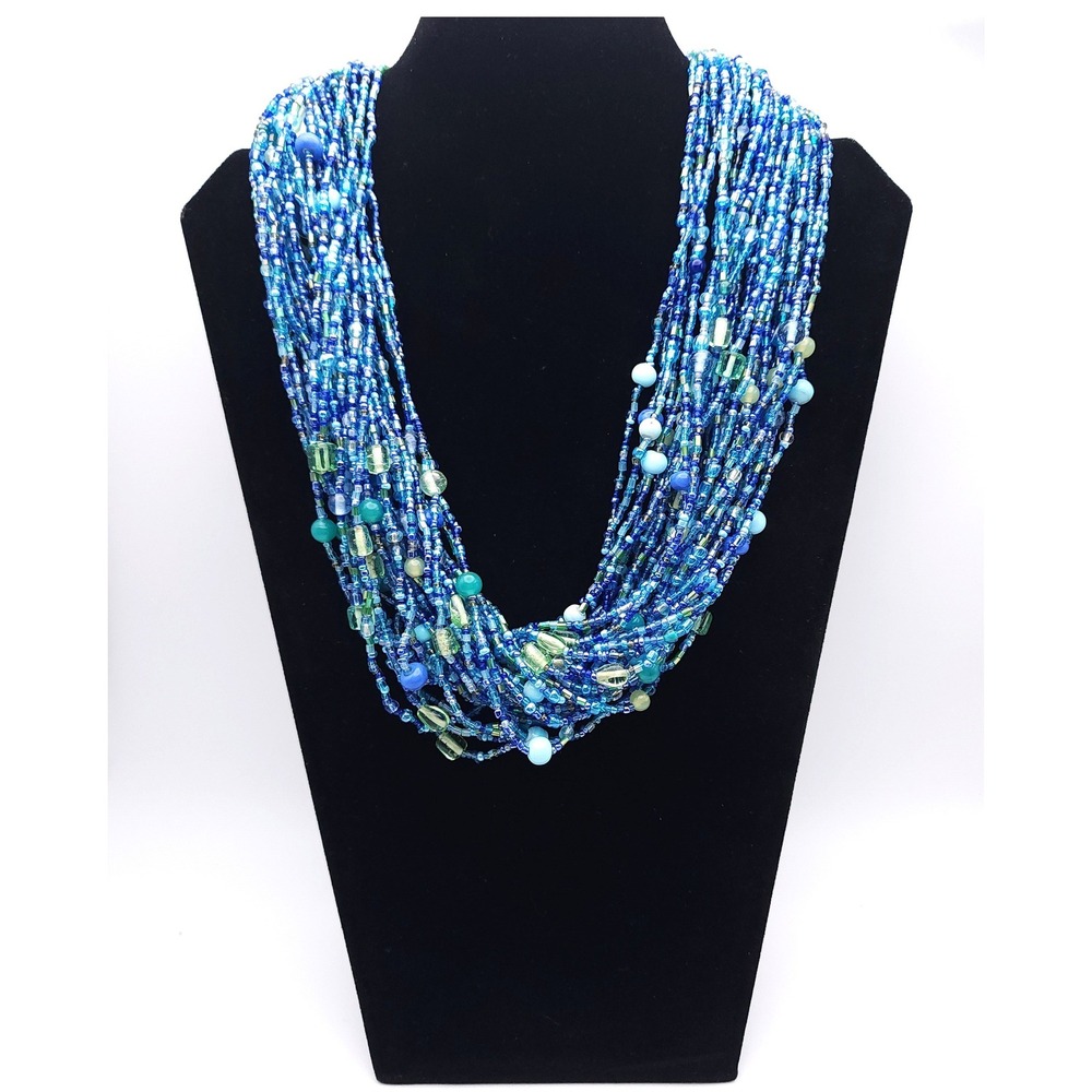 Talbots Multi Strand Blue Green Glass Seed Bead Necklace 21-24" Silver Tone